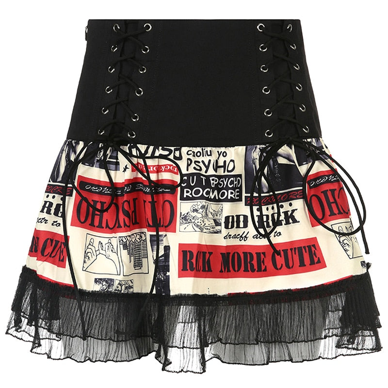 Rock Harajuku Low Waist Mini Skirt Lace Up Front Women Sexy Black Chiffon Hem Patchwork Skirts Female Punk Grunge Clubwear Mujer