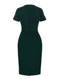 Ruched V-Neck High Waist Bodycon Pencil Dress Office Outfits Women Green Elegant Slim Fit Vintage Dresses