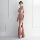 Women Beading Deep V Neck Velour Sequin Evening Sexy Party Maxi Dress Long Prom Dress