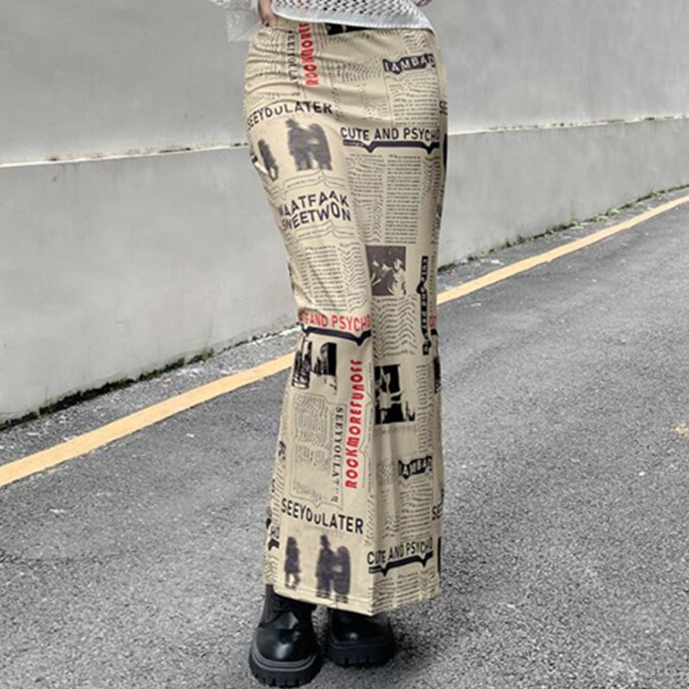 Harajuku Printed Long Skirts Y2K Streetwear High Waist Maxi Skirt Women Ankle-Length Retro Fairy Grunge Skirt