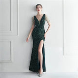 Women Beading Deep V Neck Velour Sequin Evening Sexy Party Maxi Dress Long Prom Dress