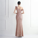 Women One Shoulder Slit Sequin Evening Dress Gold Ruffles Celebrity Maxi Dress Sexy Slash Neck Long Party Dress