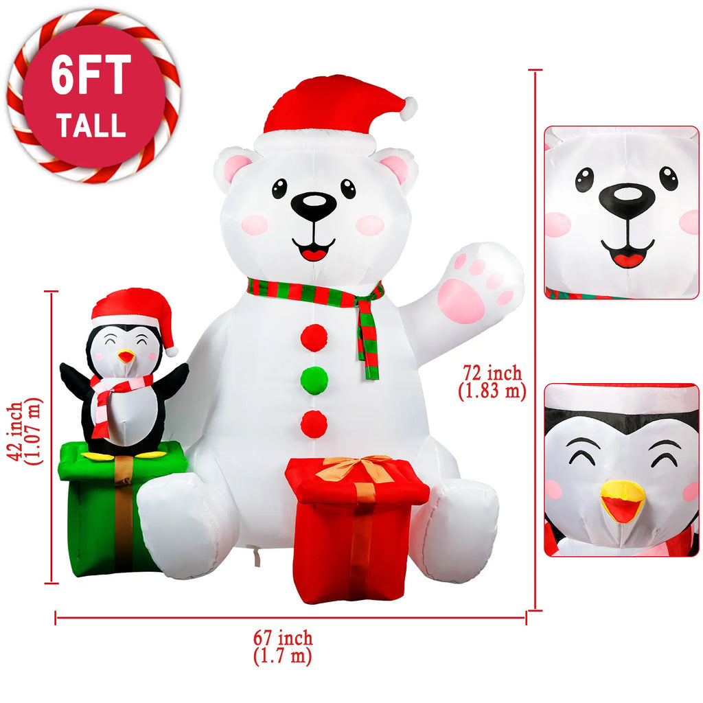 6 Ft Christmas Inflatable Polar Bear Penguin Outdoor Decoration with  LED Light Up Blow Up Yard Decoration for Xmas decor