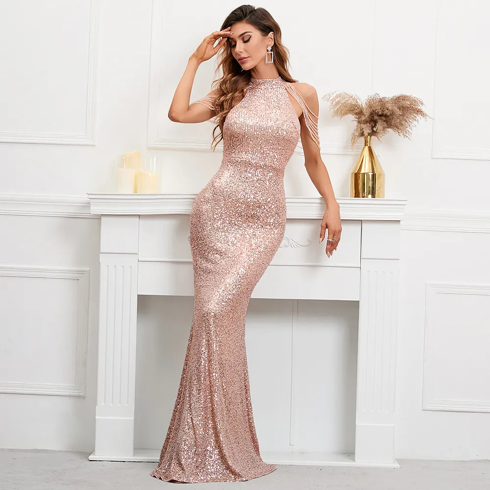 Elegant Off Shoulder Beading Sequin Evening Dress Women Gold Party Bodycon Maxi Long Prom Dress
