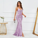 Women Purple Sequin Strap Beading Party Maxi Dress Sexy Slit Evening Long Prom Dress