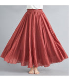 Cotton and Linen Elastic Waist Linen A-line Skirt Long Solid Color Ethnic Dress