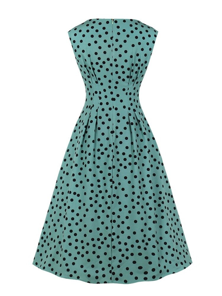 Vintage Polka Dot High Waist Slim Midi Dresses Women Sleeveless O-Neck Pockets Summer Casual Elegant Dress