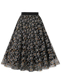 Floral Print Mesh Vintage Midi Skirts for Woman Elastic Waist Elegant Black Pleated A-Line Casual Long Skirt