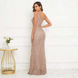 Sexy Slit Feater Khaki Evening Women Slash Neck Sequin Party Maxi Long Prom Dress