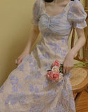 Summer Glitter Floral Elegant Midi Casual Puff Sleeve Sweet Princess Slim Fit Lace Vacation Dress