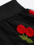 Vintage Cherry Cute Skirts Embroidered Mesh Overlay Women Spring Summer High Waist Black Pleated Long Skirt