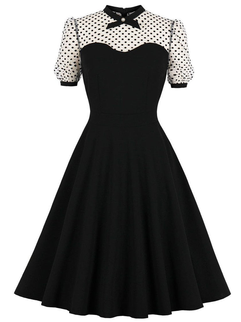 Hepburn Style Retro Plus Size Women Gothic Tunic Dresses Black Casual Party Mesh Patchwork Robe Rockabilly 50s Swing Dress