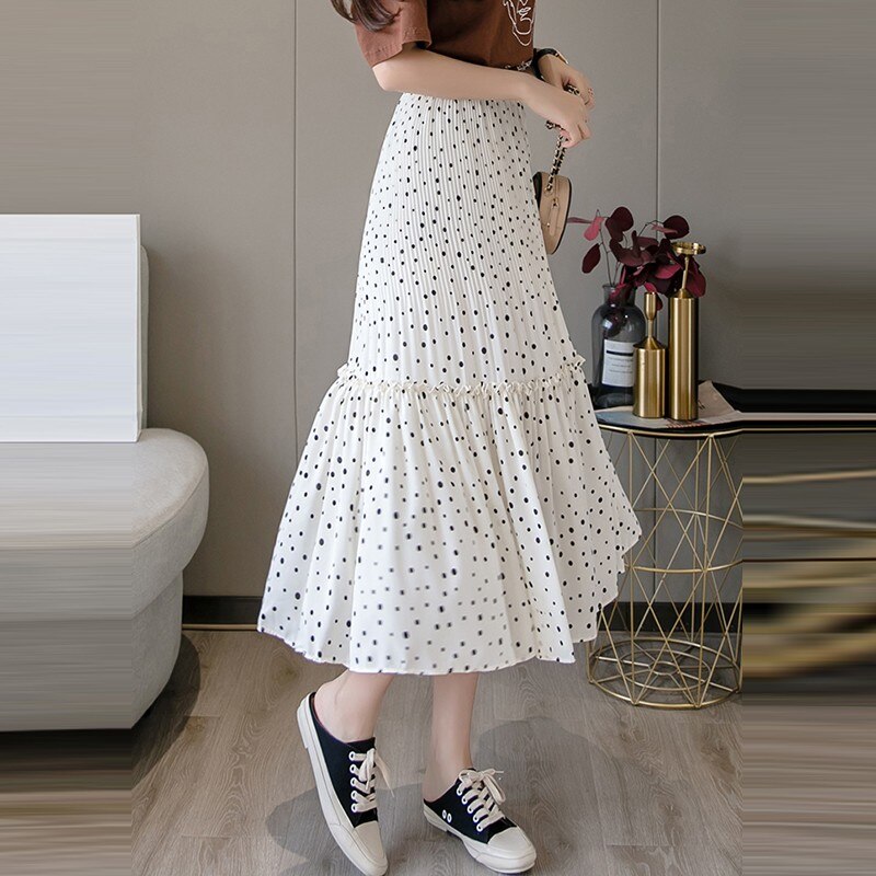 Women Chiffon Casual Spring Korean Style Polka Dots Print All-match Loose Ladies Elegant A-line Long Skirt