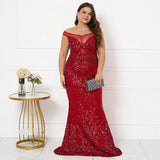 Plus Size Women Elegant Boat Neck Party Maxi Dress Off Shoulder Burgundy Sequin Evening Dress Long Prom Dress