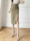 Office Lady Elegant Korean Style Bowknot Solid Color High Waist Women Pencil Skirt