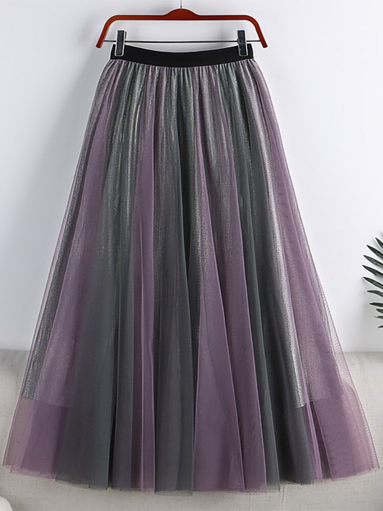 Women Street Style Contrast Color Patchwork Tulle Skirt Elastic High Waist Metallic A Line Mesh Midi Skirt