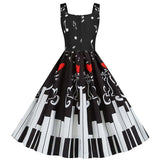 Sexy Music Note Print Women Party Dress Summer Spaghetti Strap Black Slim Vintage A-line Midi Dress