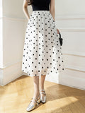 Summer Bohemian Style Elastc Wasit A-line Dot Skirt With Pockets Elegant Women Mid-calf Mesh Skirts