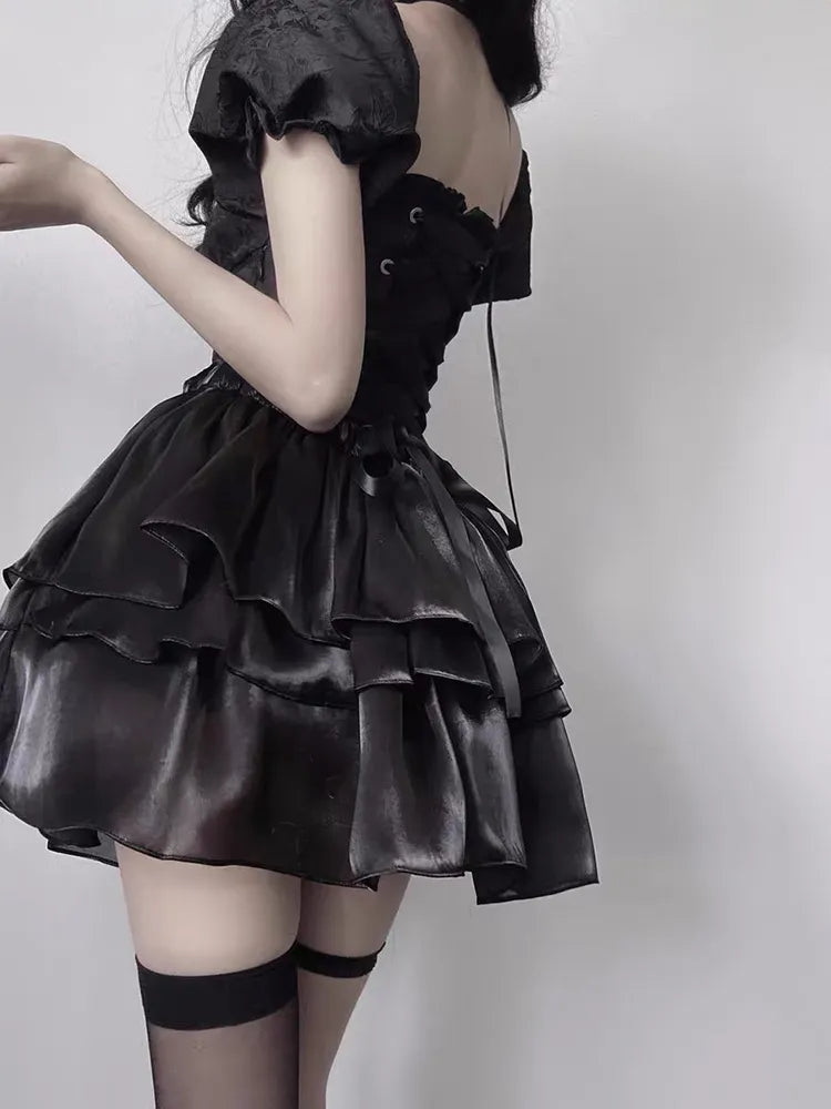 Gothic Black Mini Vintage Sexy Spaghetti Strap High Waist 90s Egirl Punk Slim Party Club Dress
