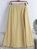 Women Elastic High Waist Casual A Line Skirt Buttons Dart Detail Office Lady Elegant Midi Skirt