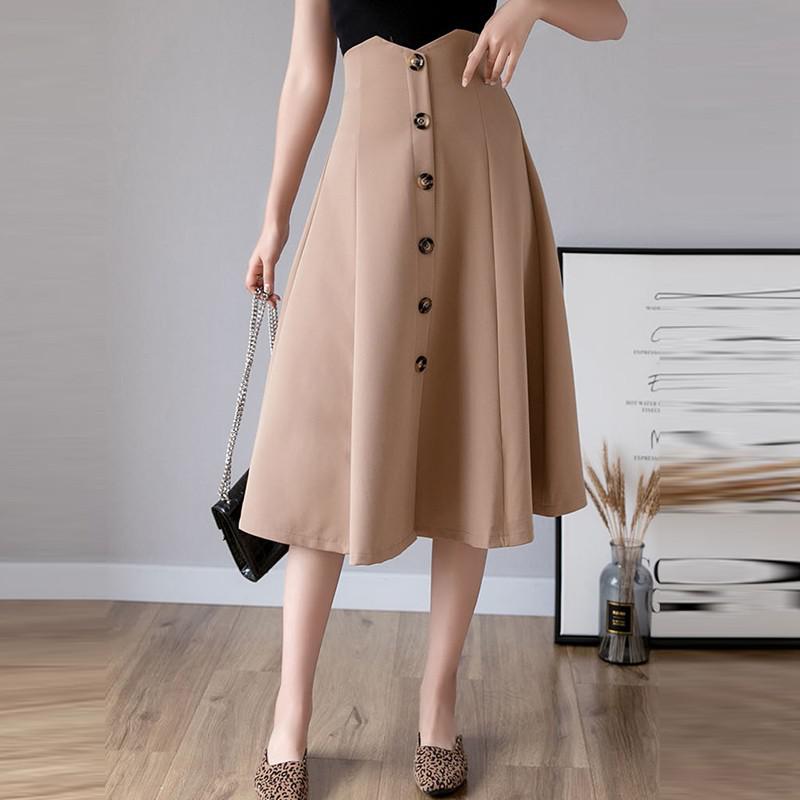 Ladies Elegant A-line Long Spring Office Style Single-breasted All-match Women High Waist Casual Skirt