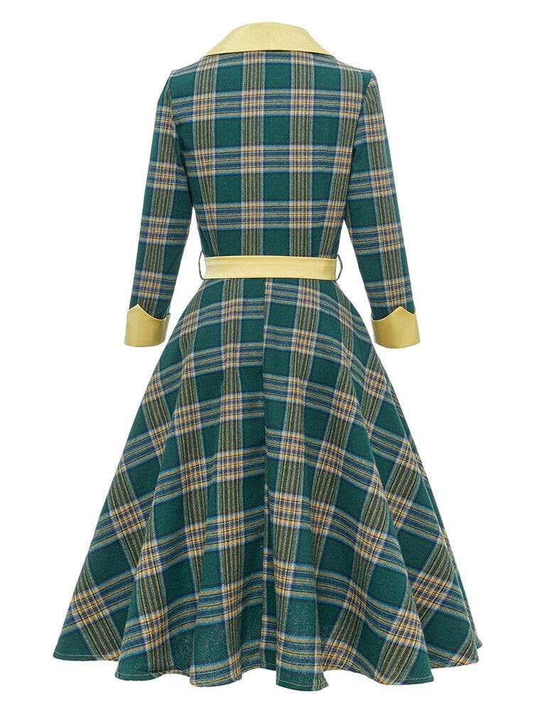 Green Plaid Midi Vintage Women 3/4 Length Sleeve Button Up Autumn 50s Ladies Elegant Swing Dresses