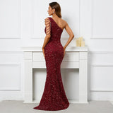 Sexy Slit Burgundy Sequin Women One Shoulder Beading Long Evening Party Maxi Dress