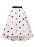 Vintage Cherry Cute Skirts Embroidered Mesh Overlay Women Spring Summer High Waist Black Pleated Long Skirt