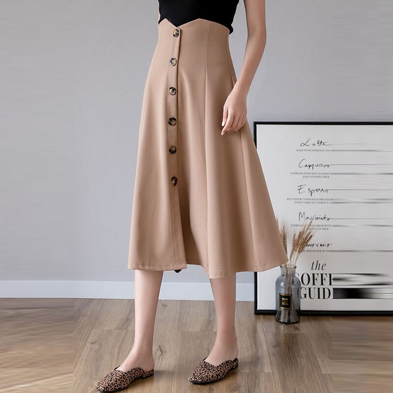 Ladies Elegant A-line Long Spring Office Style Single-breasted All-match Women High Waist Casual Skirt