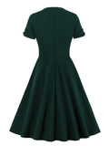 Ruched V Neck Wrap High Waist 1950S Vintage Green A Line Swing Dresses Women Summer Solid Elegant Party Midi Dress