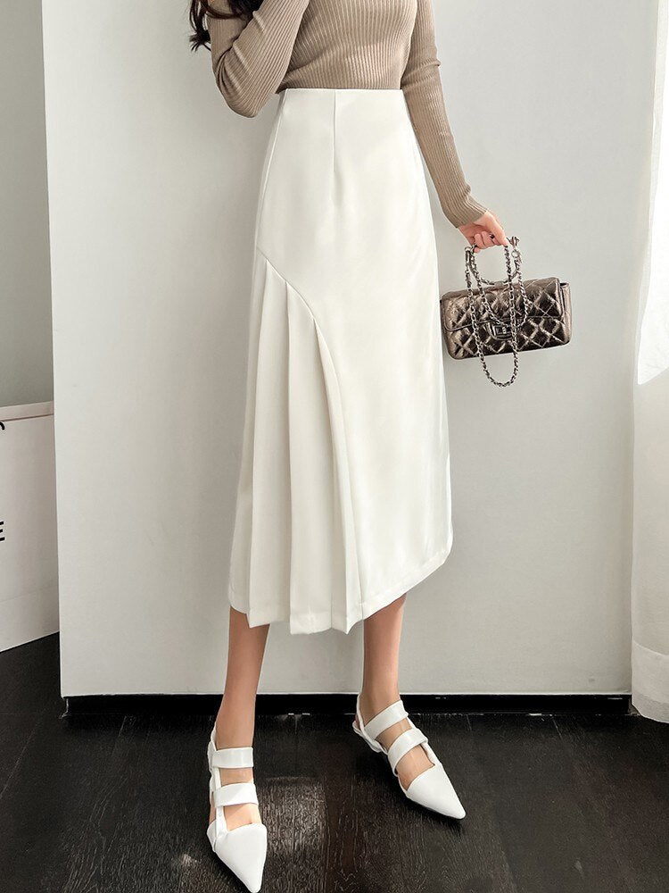 Office Lady Elegant A-line Skirts Spring Korean Style All-match High Waist Women Casual Long Skirt