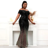 Plus Size Women Elegant Boat Neck Party Maxi Dress Off Shoulder Black Gold Sequin Evening Dress Long Prom Dress