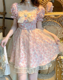 Lace Lolita Print French Y2K Patchwork Sweet Party Mini Pink Bow Summer Floral Kawaii Dress