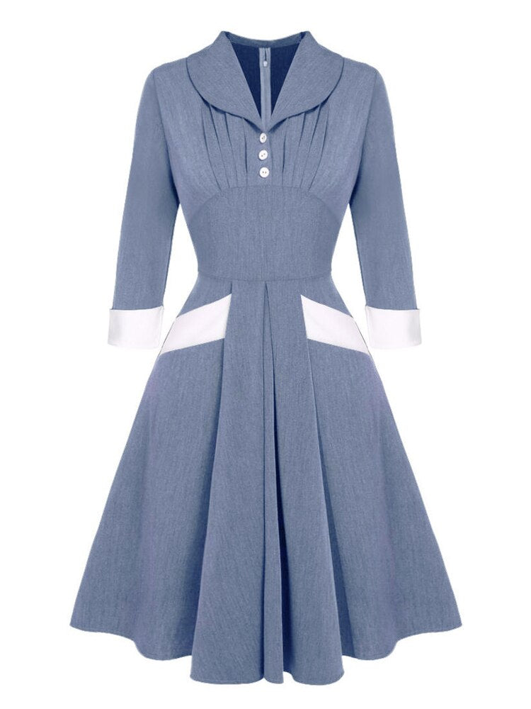 Women High Waist Vintage Pleated Turn-Down Collar Button 3/4 Length Sleeve Autumn Ladies Swing Midi Dresses