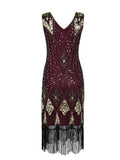 1920s Party Vintage Sequin Cocktail Flapper Midi Dresses for Women Sleeveless V-Neck Evening Fringe Hem Elegant Dress