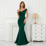 Soft Satin Green Long Evening Dress Elegant Off Shoulder Party Maxi Long Wedding Dress