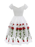 Rose Floral Embroidered V-Neck Elegant Party Dress Pleated Mesh Overlay Women Short Sleeve Vintage Summer Dresses