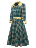 Green Plaid Midi Vintage Women 3/4 Length Sleeve Button Up Autumn 50s Ladies Elegant Swing Dresses
