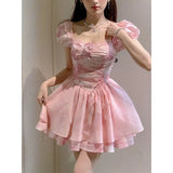 Summer Pink Korean Women French Vintage Evening Party Mini Chiffon Princess Kawaii Dress