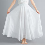 Cotton and Linen Elastic Waist Linen A-line Skirt Long Solid Color Ethnic Dress