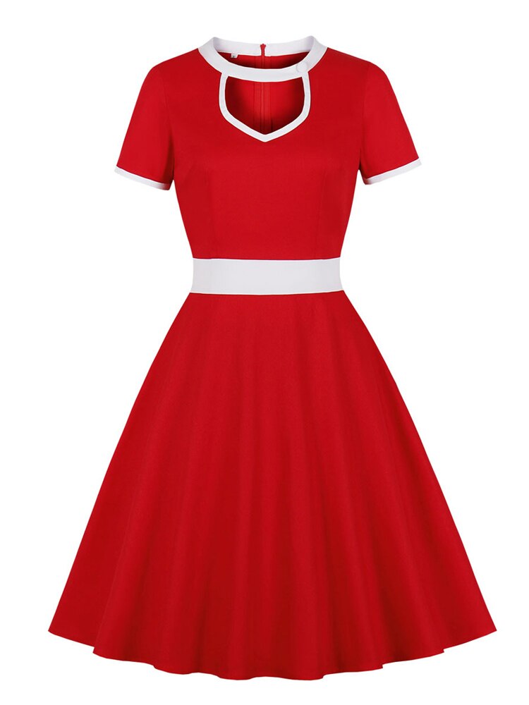 Cut Out Front Elegant Party Red Vintage Women Short Sleeve A-Line Summer Cotton Retro Dress