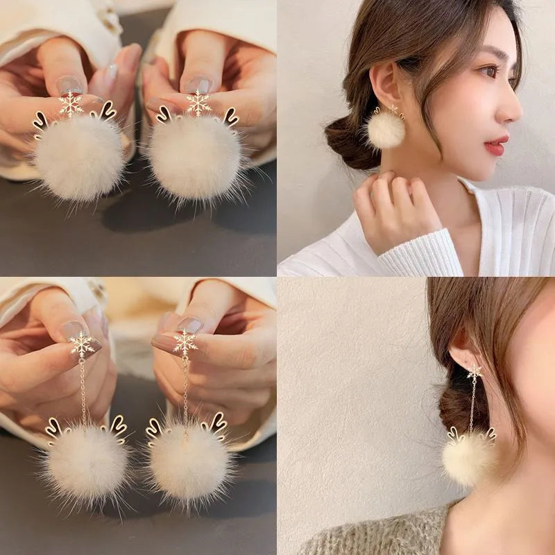 Snowflake Antler Hair Ball Earrings New Style High-quality Autumn and Winter Christmas Gift Ear Jewelry