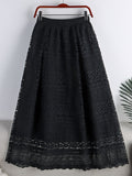 Openwork Lace Woman Solid Vintage Elegant A Line Elastic High Waist Midi Long Skirts
