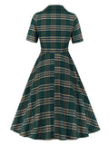 Turn Down Collar Button Up Green Plaid Vintage 50s Robe High Waist Women Party Elegant Knee Length Dress
