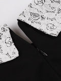Contrast Lace Collar Button Front Puff Sleeve Black Elegant Women Summer Vintage Style Slim Pleated Dress