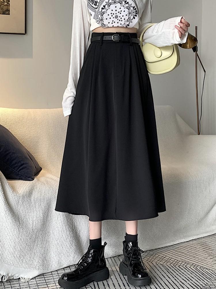 High Waist Women Casual Skirts Fashion Korean Style Plain Color All-match Loose Ladies Elegant A-line Long Skirt