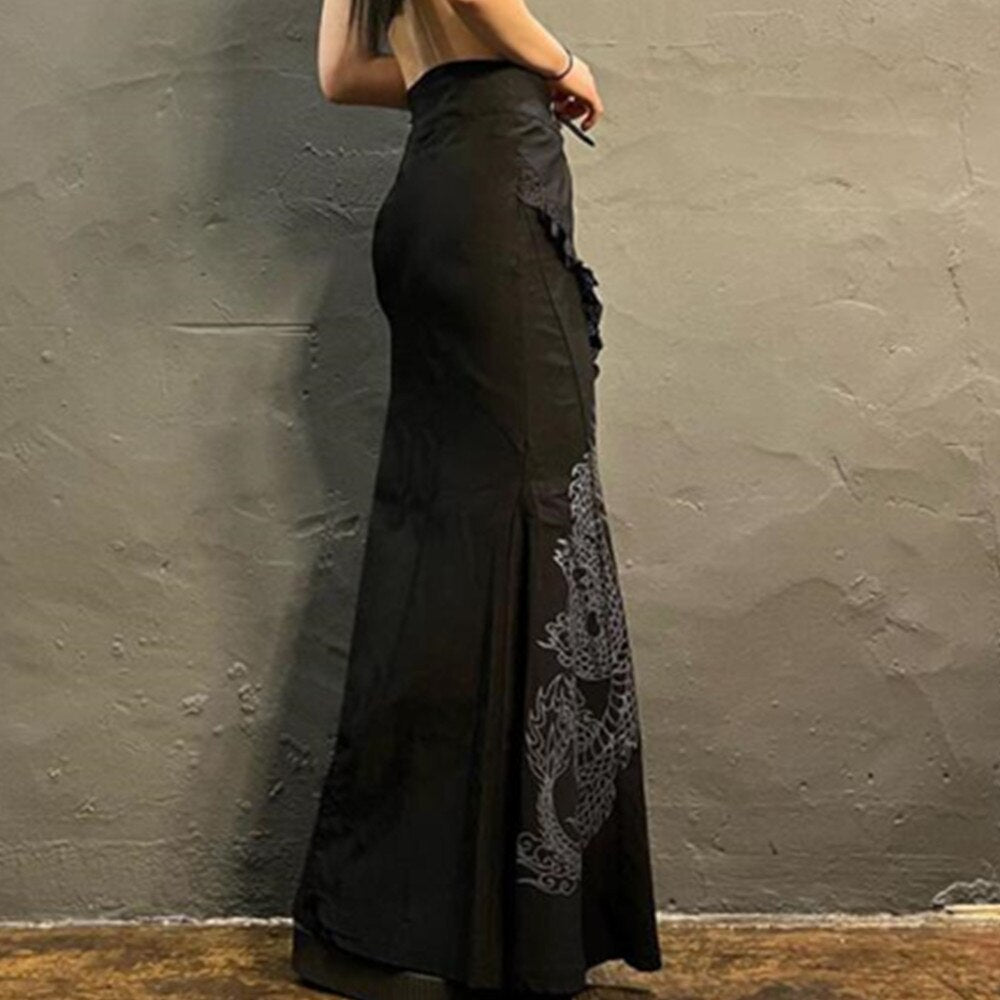 Goth Dark Black Retro Long Women Print Vintage Mermaid Skirts Streetwear Outfits Hippie Y2k Skirt Fairy Grunge Gothic