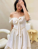Summer Chiffon Bow Ruched Princess Mini French Puff Sleeve Party Retro Slim Fit Temperament Dress