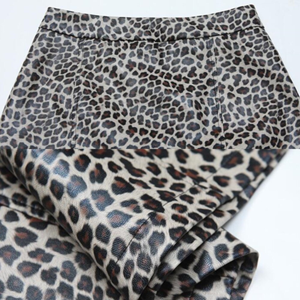 High Waist Women Pencil Spring Summer Office Korean Elegant Split Skirts Leopard Print Faux Leather Skirt