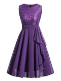 Lace and Chiffon Elegant Peplum High Waist Purple Swing Dresses Women Sleeveless Party Robe A Line Dress
